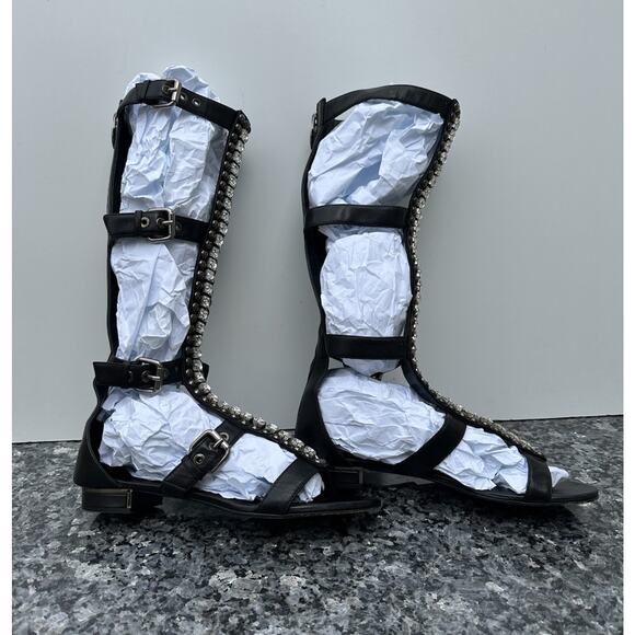 LORIBLU Black Leather Stud Accent Gladiator Tall Sandal SIZE 39 - Picture 2 of 10